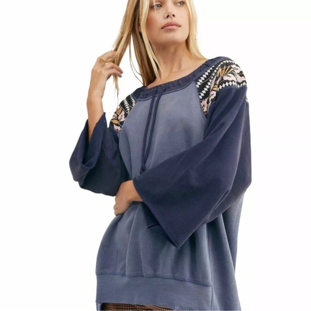 Free People Rosalee Pullover Blue Distressed XS Oversized